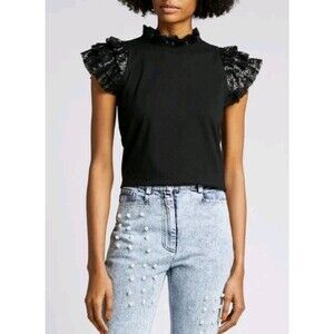 Women's Sea New York Rachelle Sequin Collar Sequin Flutter Sleeves Mock Neck Tee
